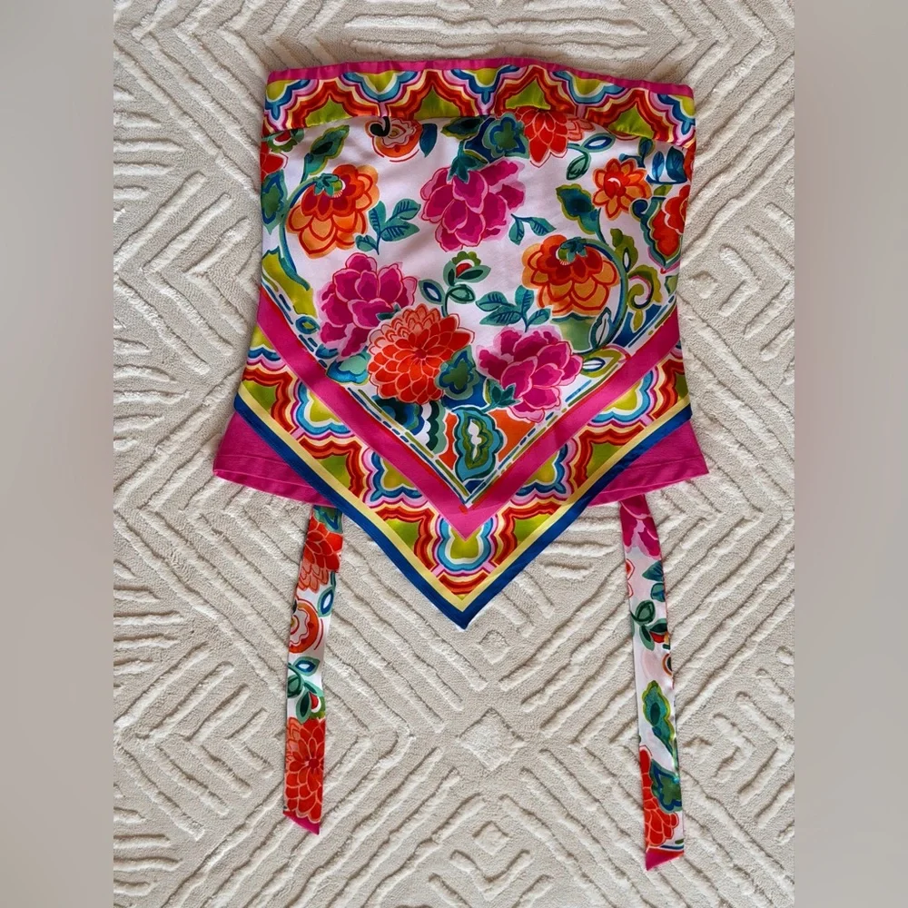 Caché Y2K Silk Scarf/Handkerchief Print Strapless Top Floral Bandana Hem - Picture 14 of 16